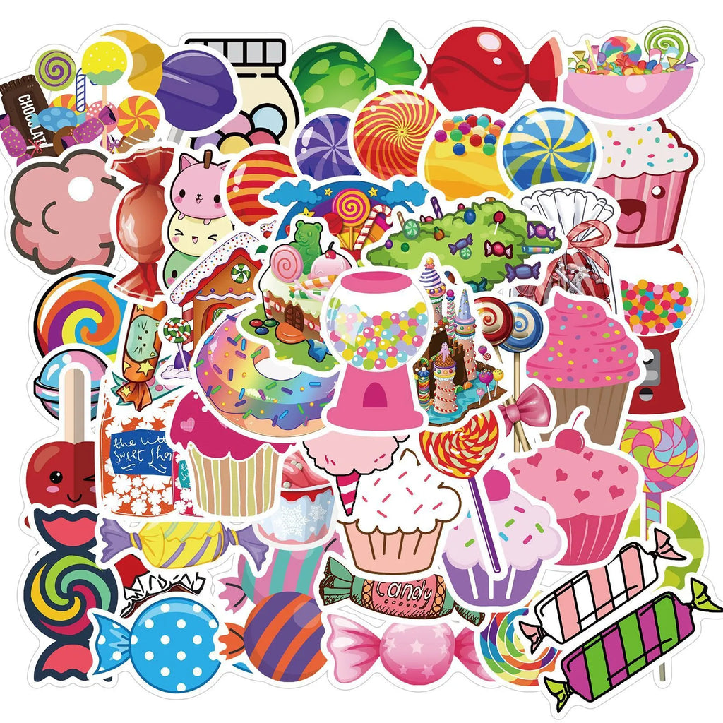 Pack of 50 colourful candy theme graffiti stickers, each measuring 4-6cm.