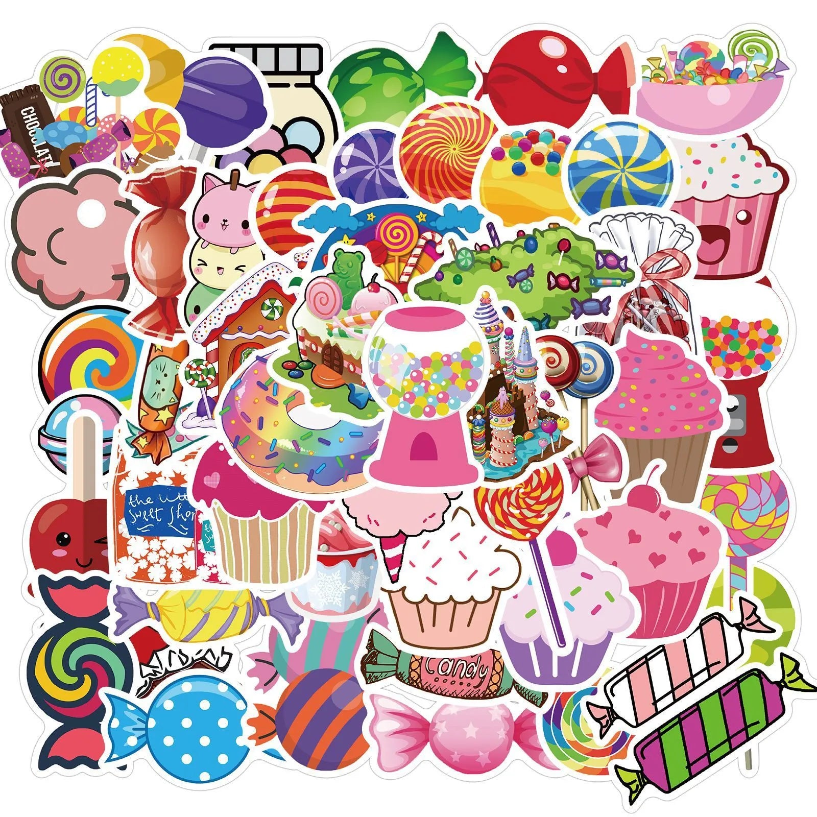 Pack of 50 colourful candy theme graffiti stickers, each measuring 4-6cm.