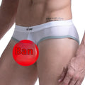 Men's mid-waist ice silk briefs in army green showing thin nylon fabric and bullet separation pouch design.