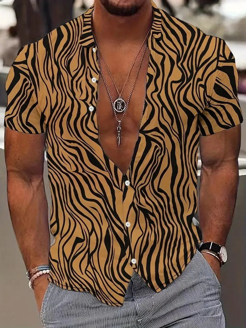 Men's geometric line print lapel short sleeve shirt in slim fit cardigan style