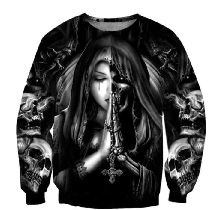 Halloween skull anime 3D graphic print on black hooded sweatshirt with long sleeves
