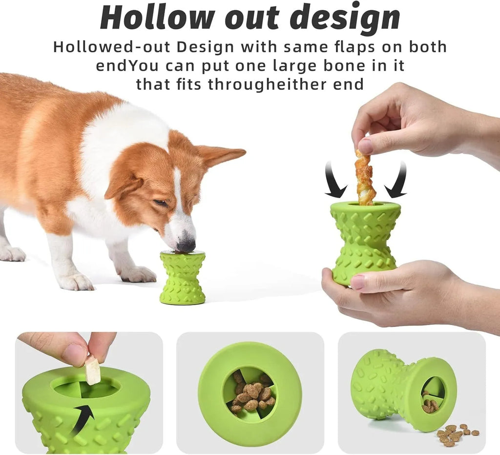 Natural rubber interactive treat dispensing dog chew toy in blue, green or purple
