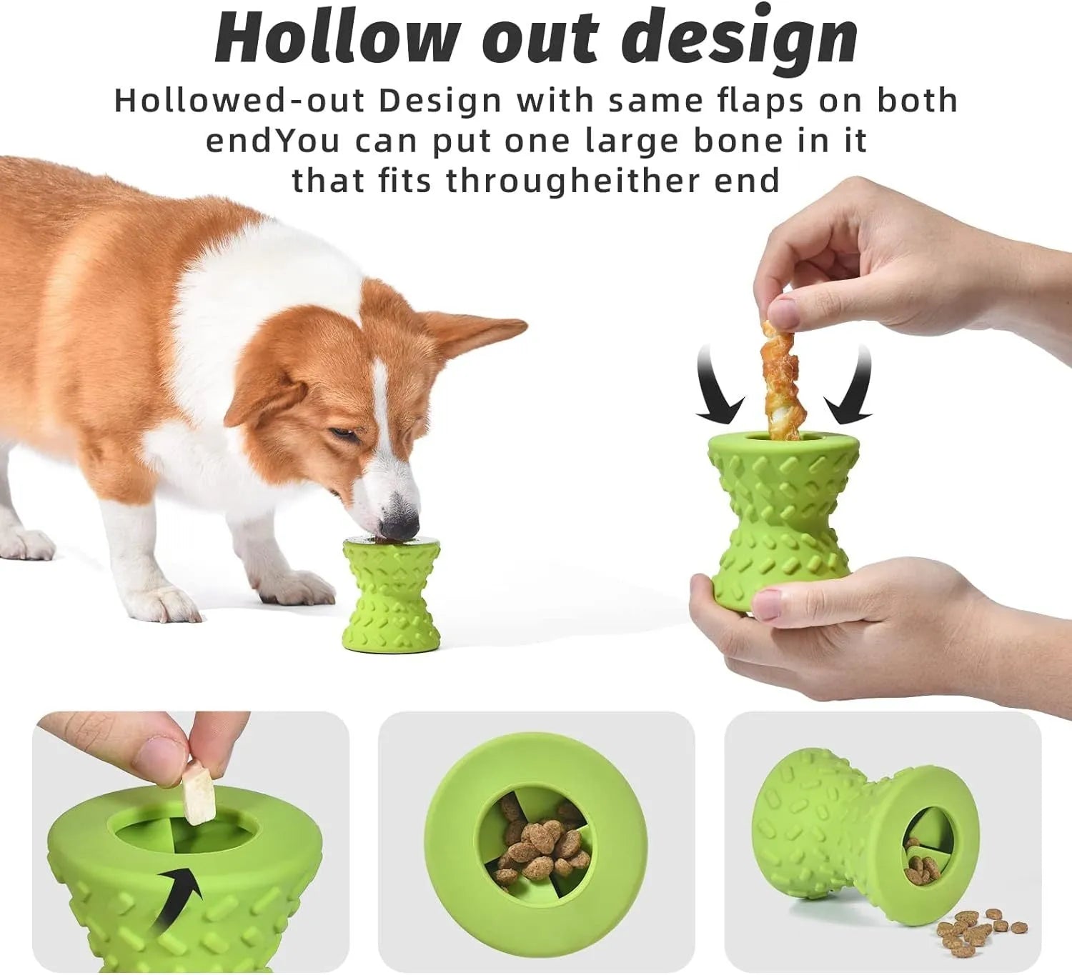 Natural rubber interactive treat dispensing dog chew toy in blue, green or purple