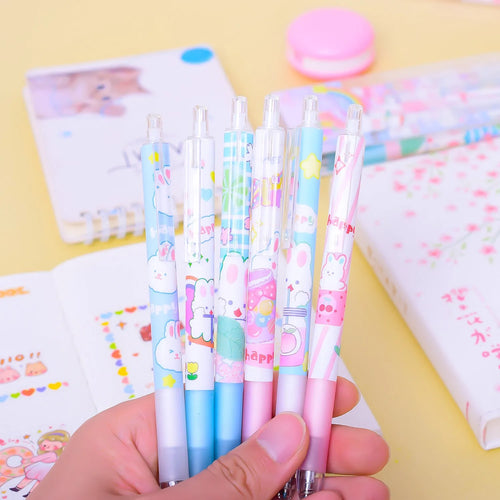 Six black signature pens with cartoon bunny designs and 0.5mm fine tips for writing