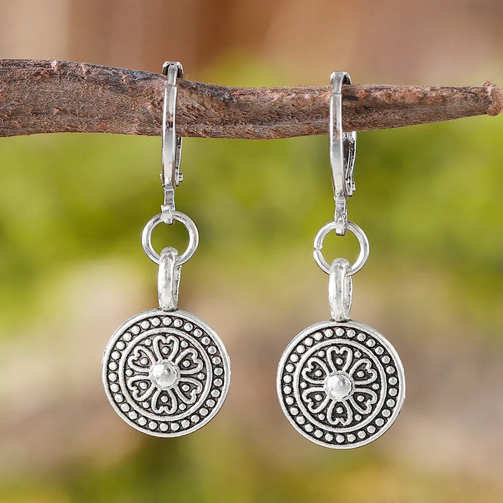 Round geometric bohemian earrings with distressed ethnic retro design in zinc alloy with electroplated finish