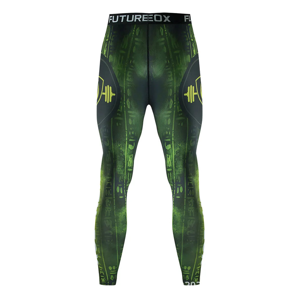 Man wearing a slim-fit, long-sleeve printed sport suit for running or gym training.