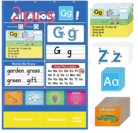 Children's alphabet learning chart sleeve table with educational cards spread on 60x40cm wipe-clean surface