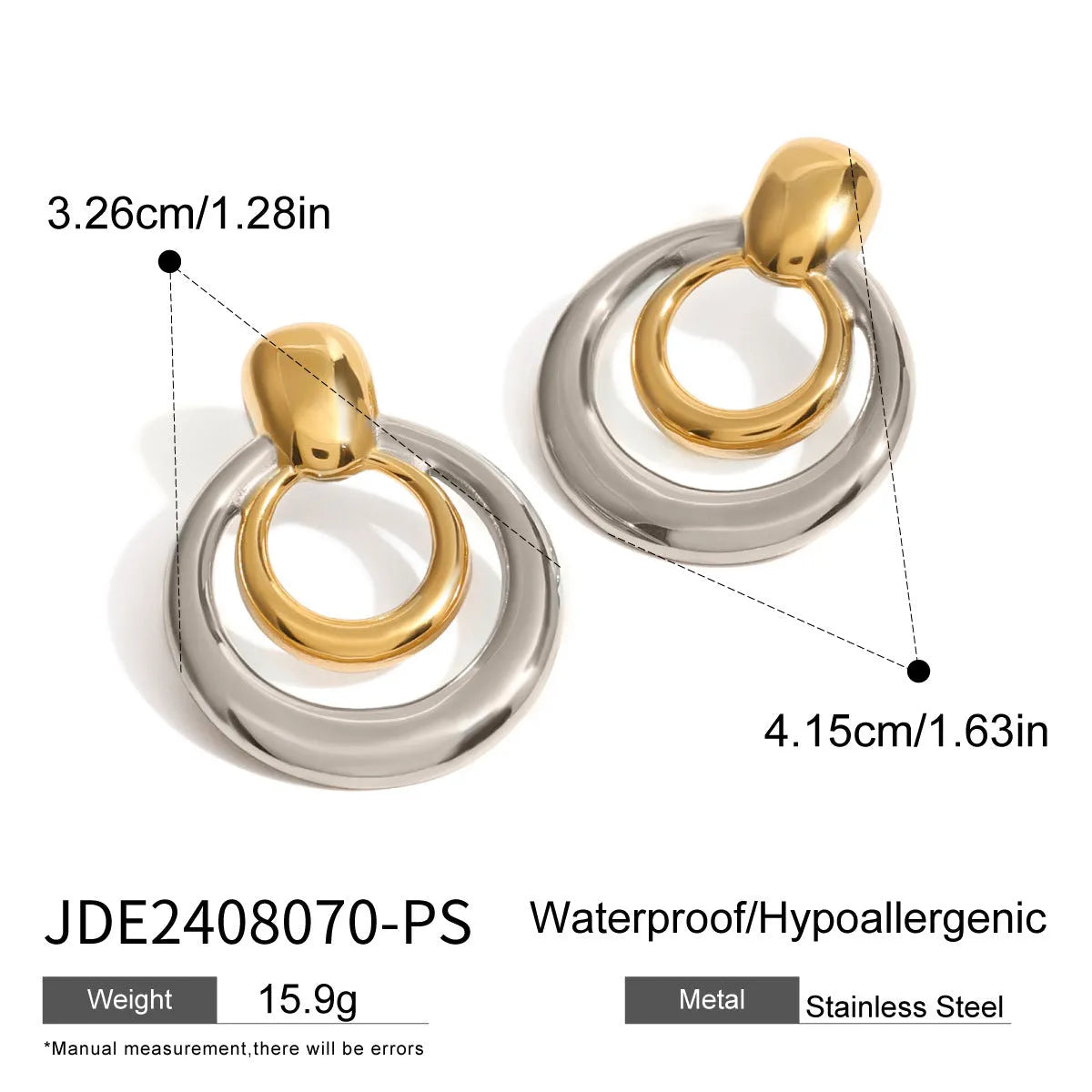 Gold geometric hollow stud earrings showing double layer round design with butterfly clutch backs