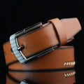 Men's casual belt with alloy pin buckle showing retro threading pattern detail