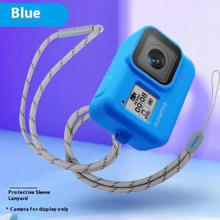 GoPro Hero8 Black silicone protective sleeve and anti-loss carrying strap accessory set in blue.