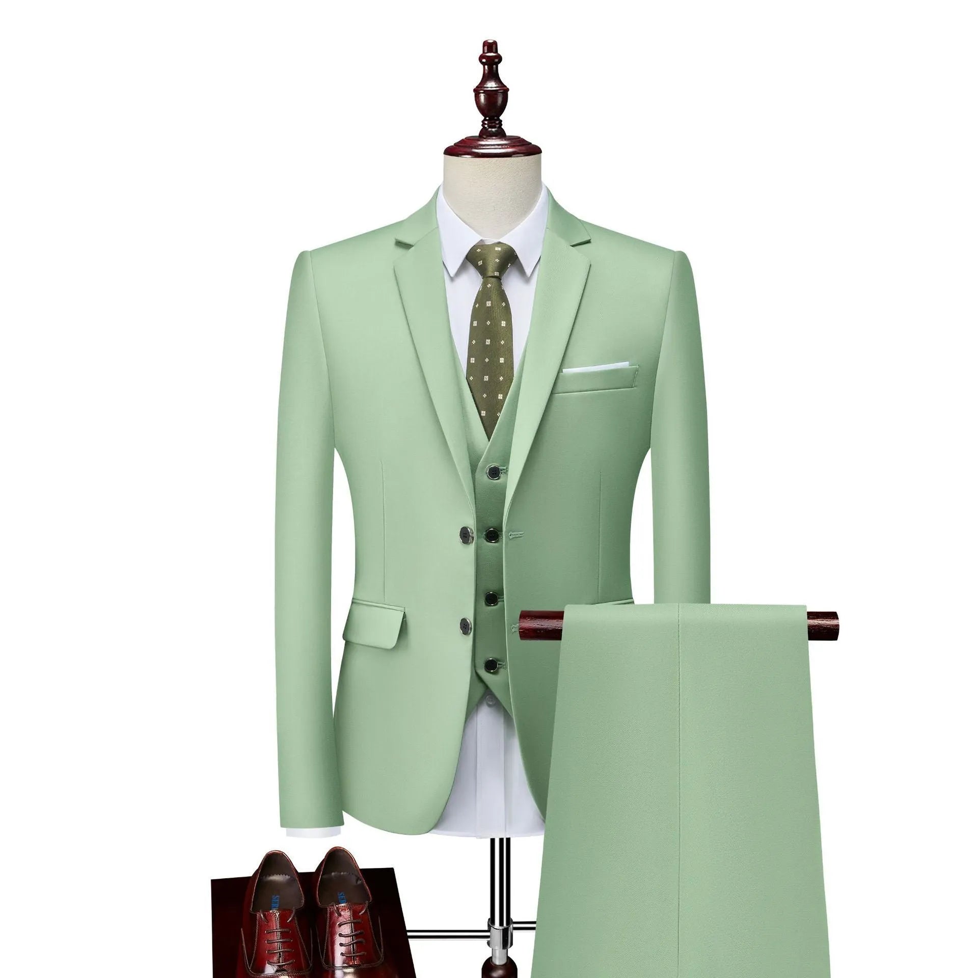 Men's slim fit khaki cotton blend bridegroom vest on a hanger.
