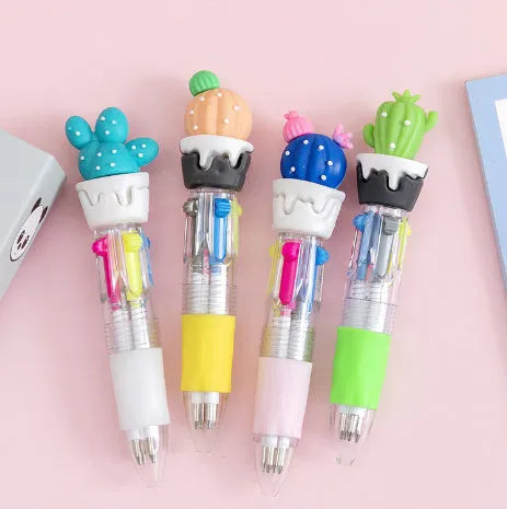 Cartoon themed four-colour press ballpoint pen with a silicone grip in a cactus design.
