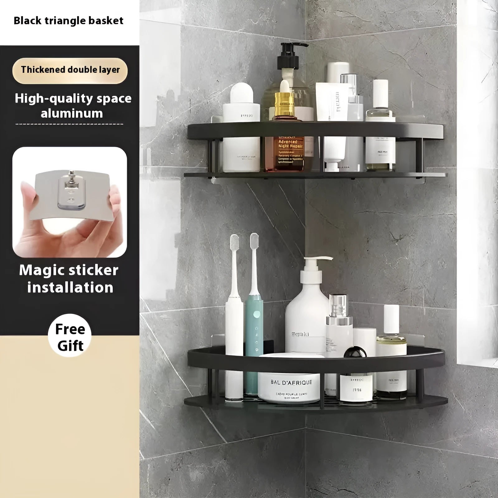 Black punch-free wall-mounted multi-layer bathroom storage rack with double triangle design.