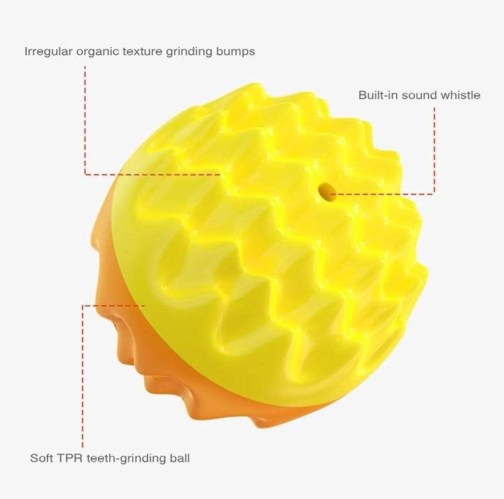 Blue and orange squeaky rubber dog ball with spiky texture for dental cleaning and water fetch