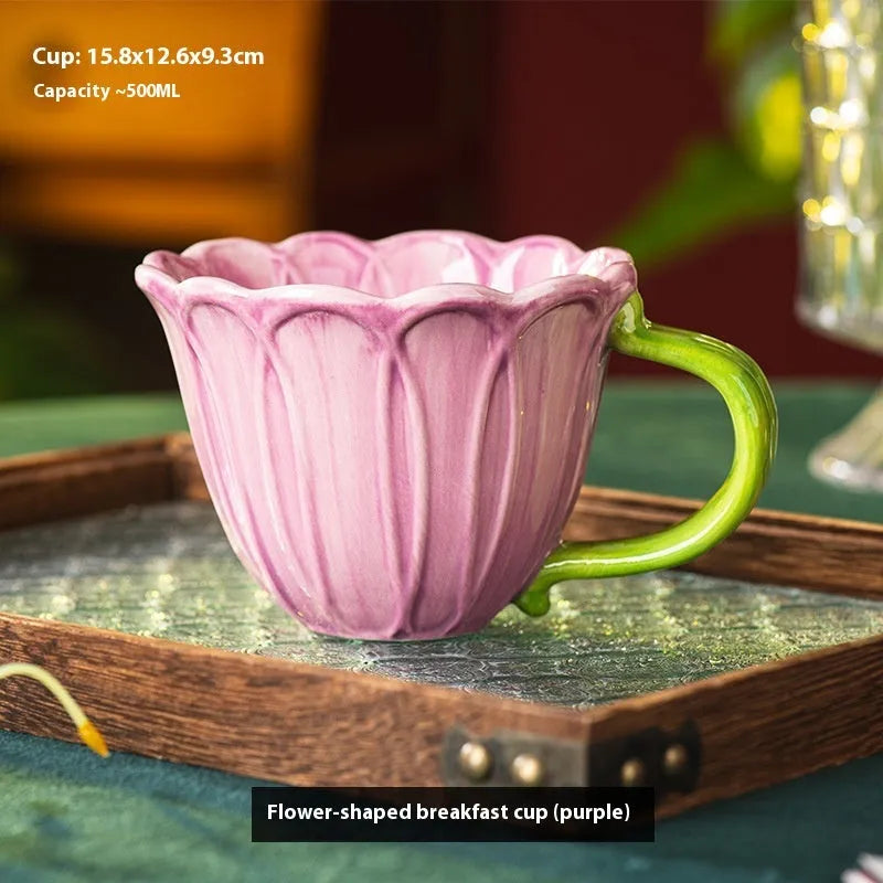 500ml ceramic breakfast cup with pastoral floral pattern and comfortable handle