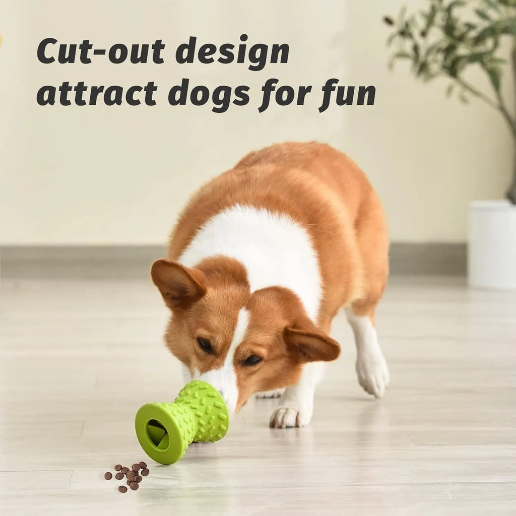 Natural rubber interactive treat dispensing dog chew toy in blue, green or purple