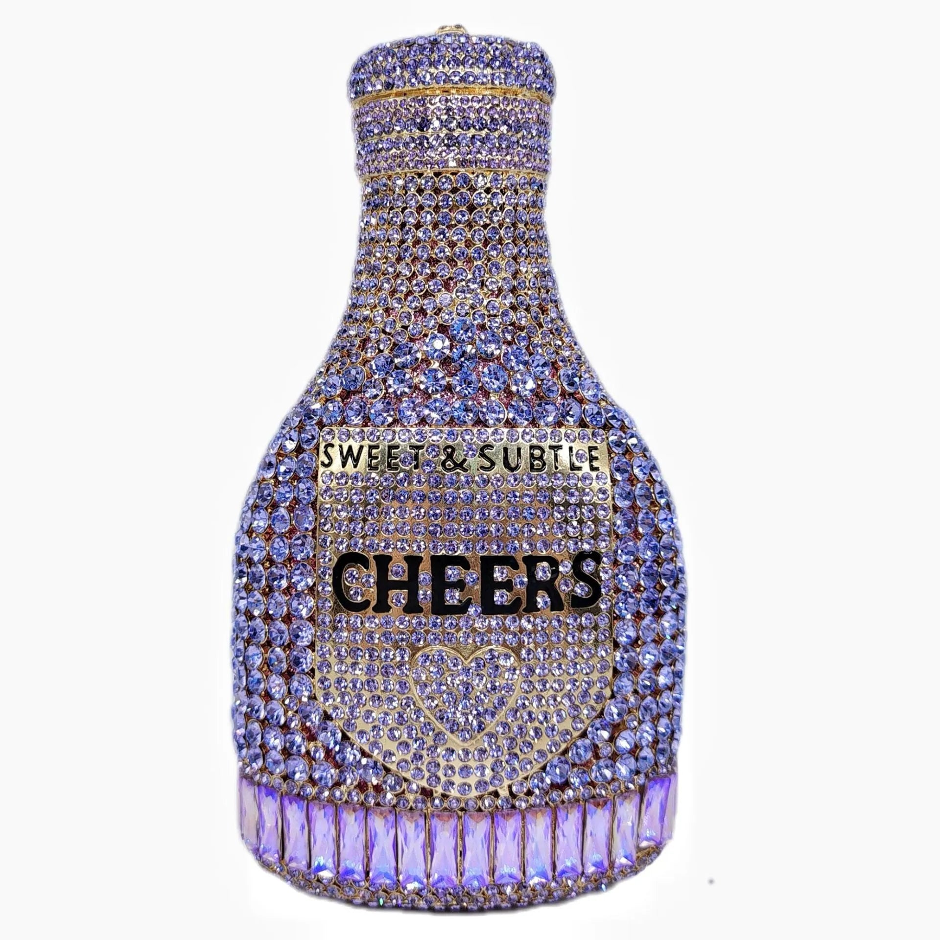 Gold rhinestone champagne bottle shaped evening clutch bag with wrist strap on a dark background.