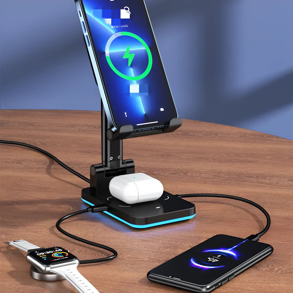 Cool black wireless charging desktop phone holder stand showing phone positioned upright on charging surface