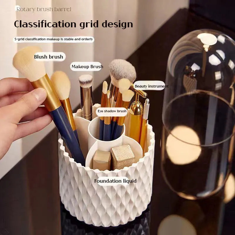 White acrylic rotating makeup brush storage box with transparent dust cover open