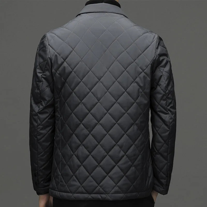 Men's thick winter down jacket with cardigan lapel in solid colour with side seam pockets