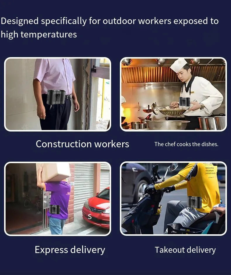 Grey portable waist-hung personal fan with lanyard, shown being worn, for outdoor and construction site use.