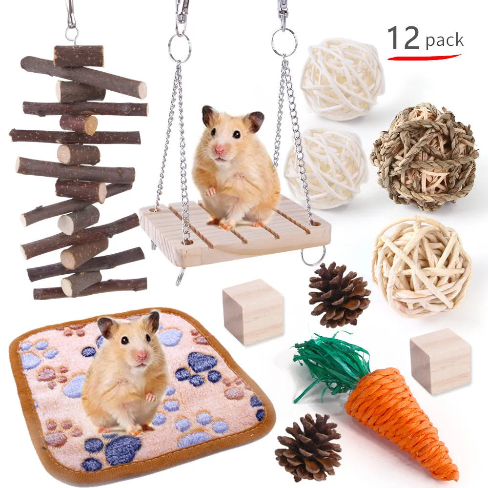 Wooden pet toy set with chewable pieces for rabbits, guinea pigs and parrots
