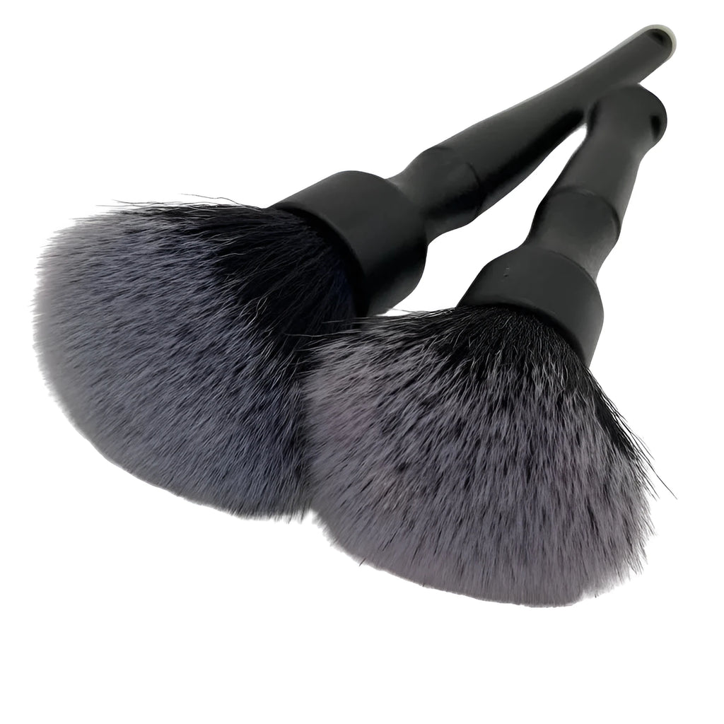 Black car detailing brush with pig hair bristles and PP plastic handle shown in two size options.