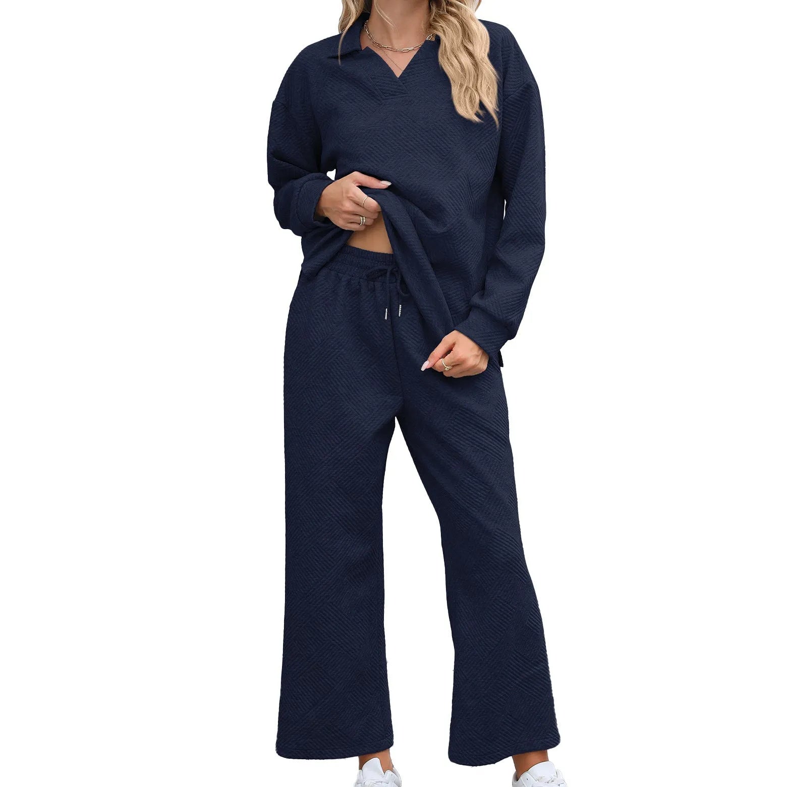 Women's solid colour knitted jacquard two-piece suit with lapel top and elastic waist cropped trousers