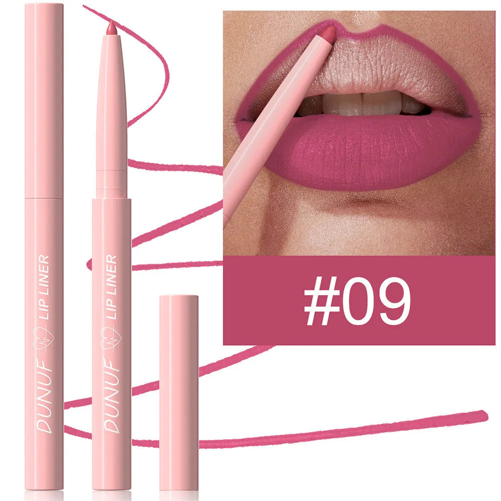 Set of twelve velvet matte lip liners in various shades for precise lip contouring