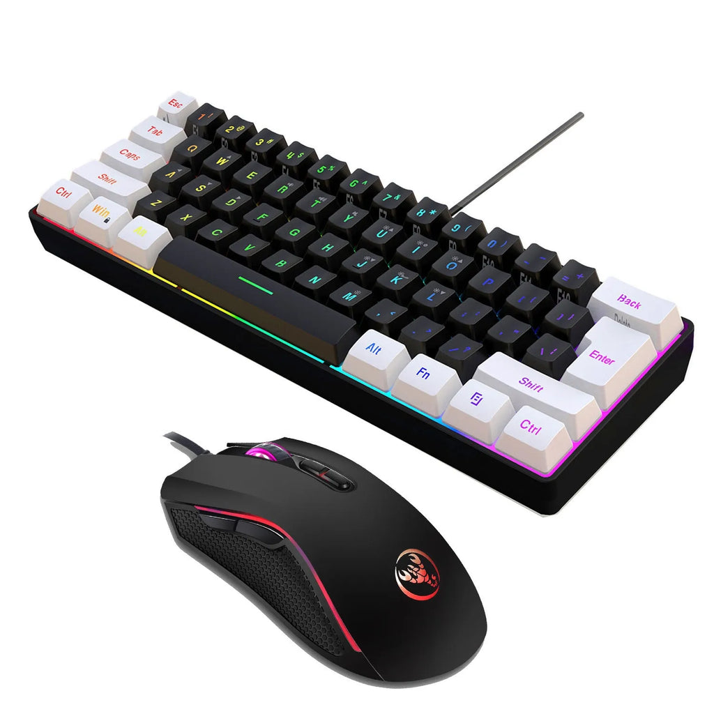 White and black gaming keyboard and mouse combo with colour backlight on desk