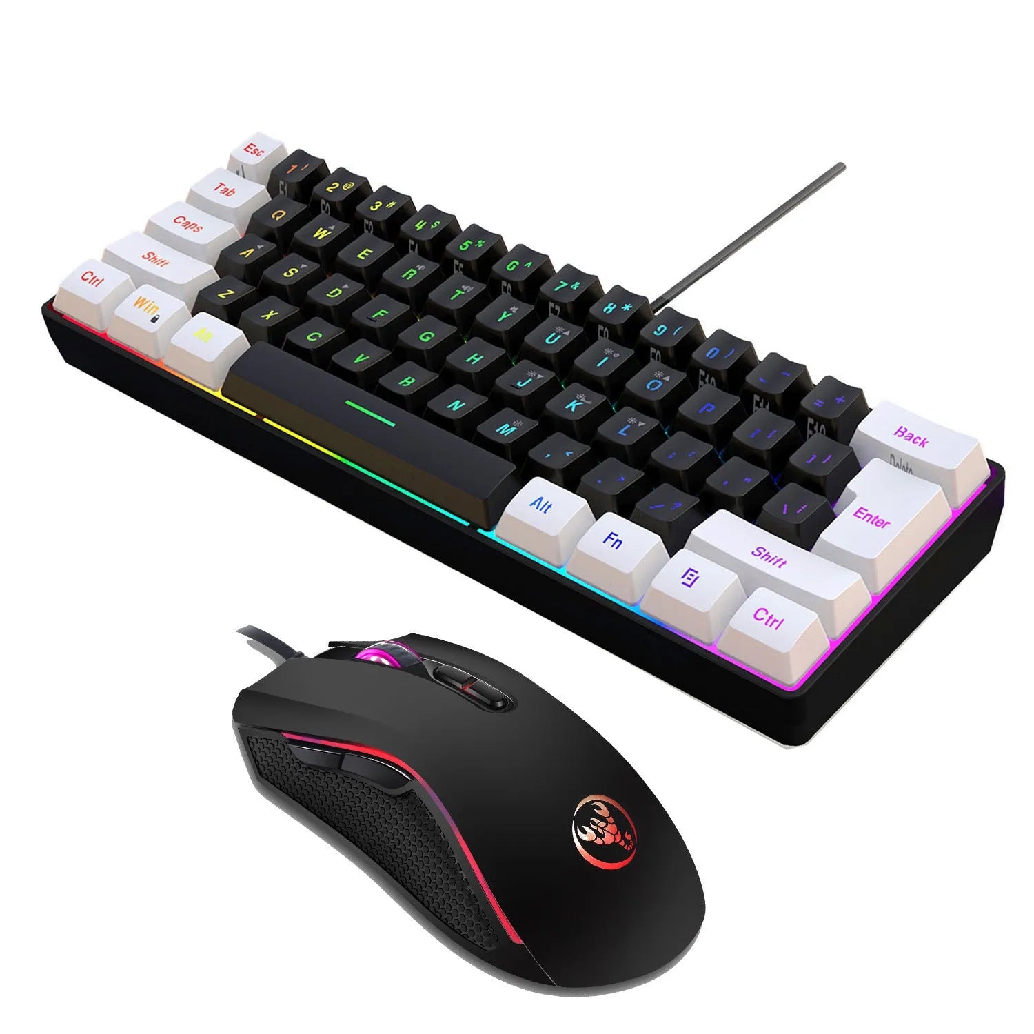 White and black gaming keyboard and mouse combo with colour backlight on desk