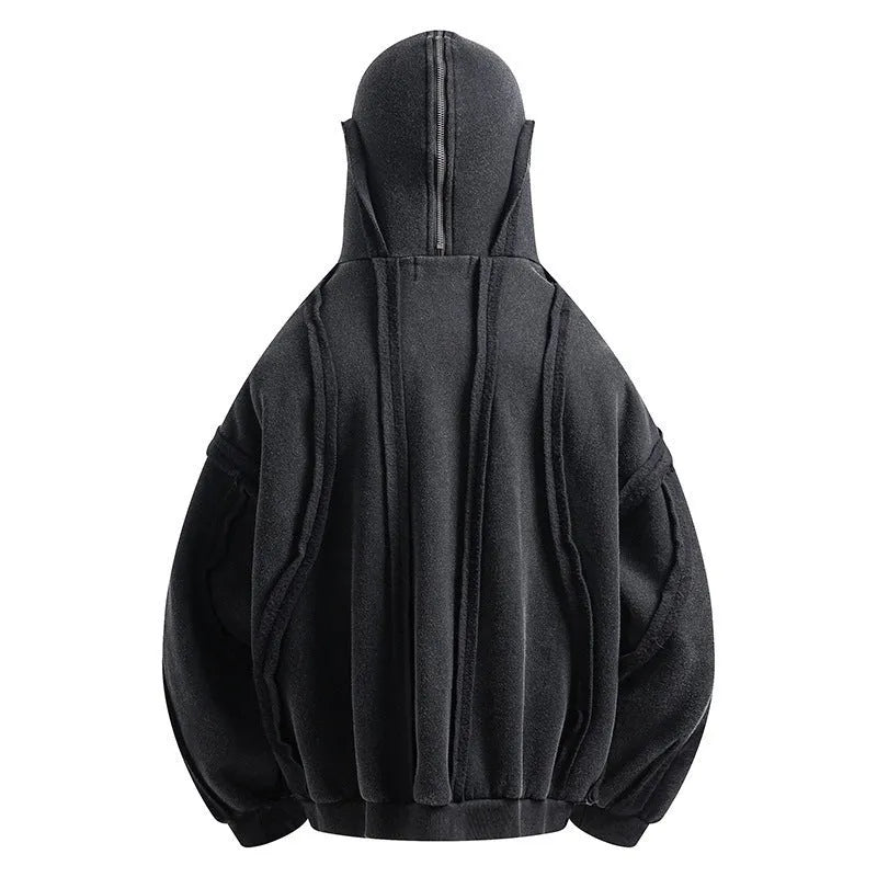 Black loose zip hooded coat with abstract pattern and padding