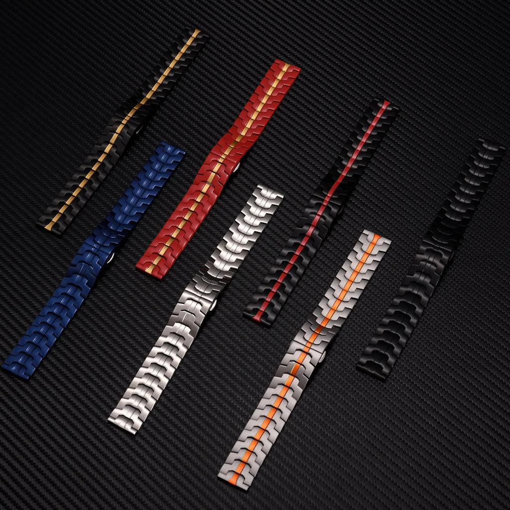 Stainless steel watch band for Samsung Galaxy Watch in silver, black, titanium, blue, and two-tone colour options.