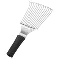 Stainless steel pet dematting brush rake comb with curved teeth for grooming horses and dogs.