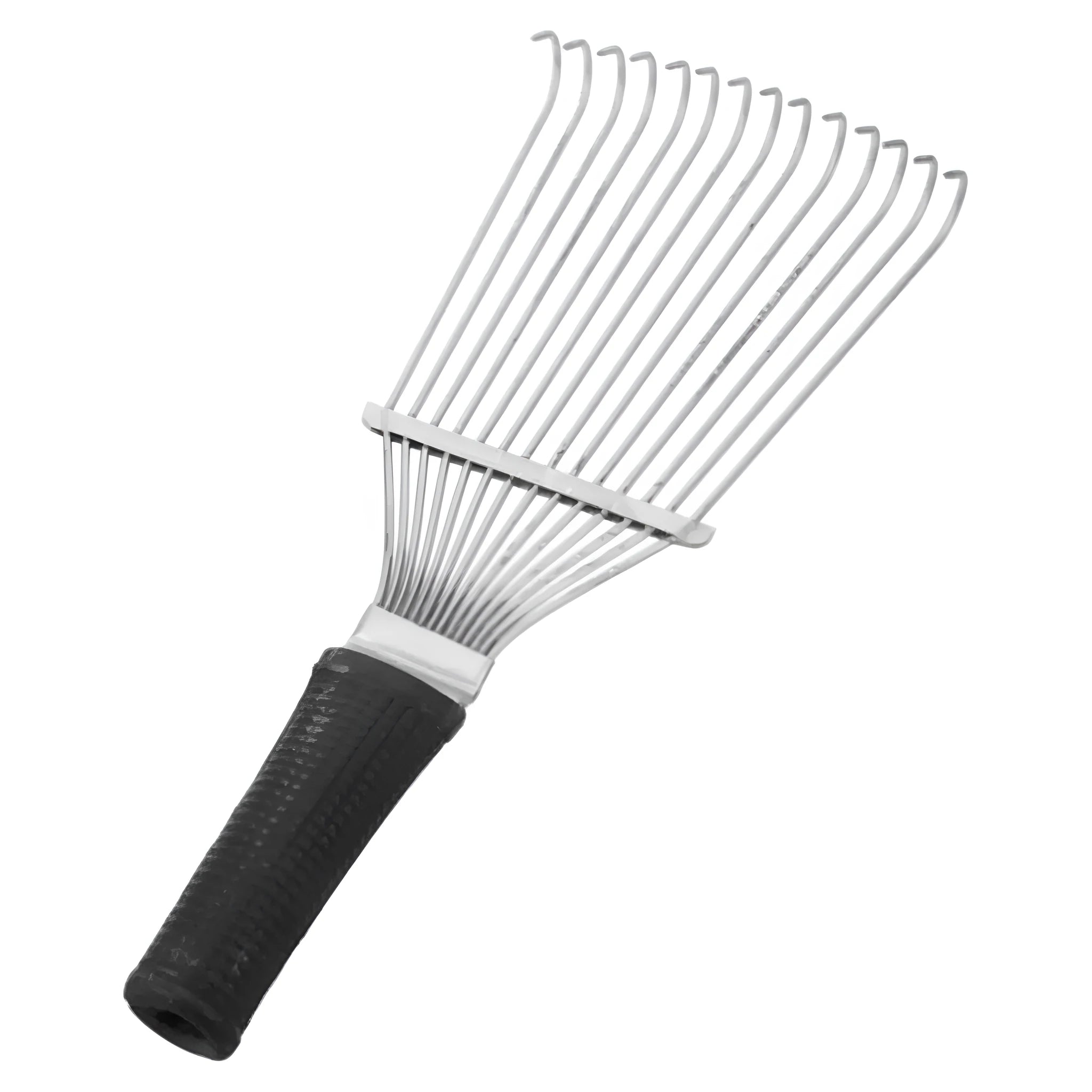 Stainless steel pet dematting brush rake comb with curved teeth for grooming horses and dogs.