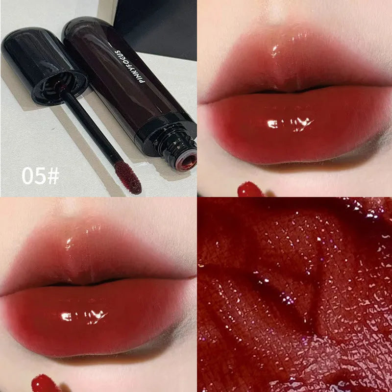Black glossy mirror lip lacquer in one of six matte colour options: tomato, orange brown, brown, rose, red, or sweet potato.