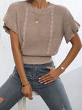 White knitted pullover sweater with ruffled short sleeves and twisted string 3D pattern texture