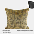 Geometric abstract cushion in Tuhao gold colour with polyester velvet texture, shown in three size options.