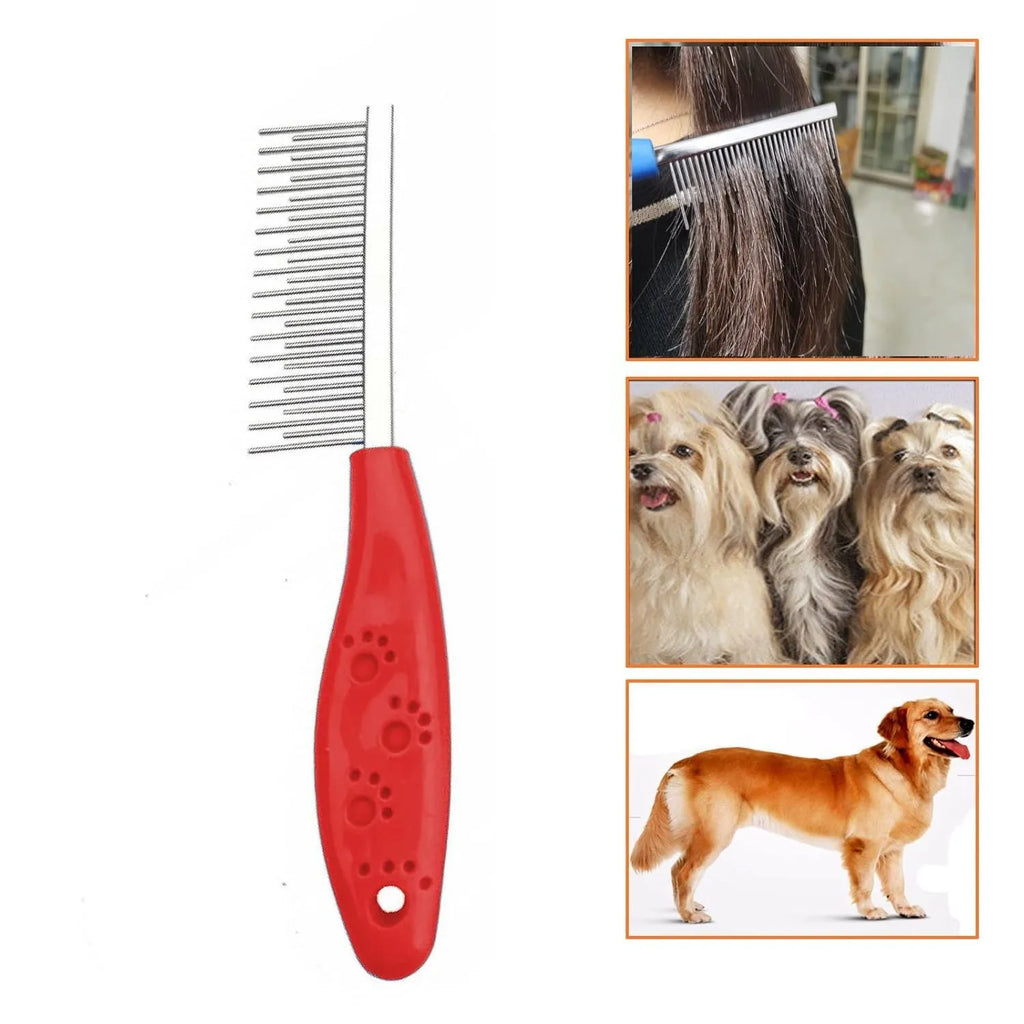 Red plastic handle pet grooming comb with stainless steel short and long teeth for dematting dogs and cats.