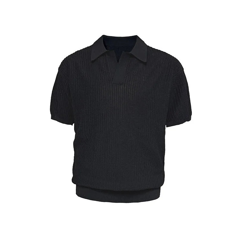 Men's business casual polo shirt in ice silk blend fabric available in creamy-white, black, and grey colours