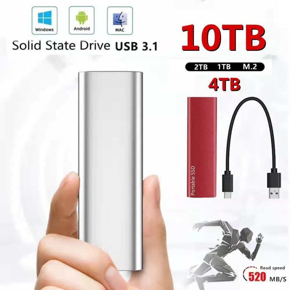 Ultra-thin metal mobile SSD external hard drive with capacity options from 500GB to 128TB