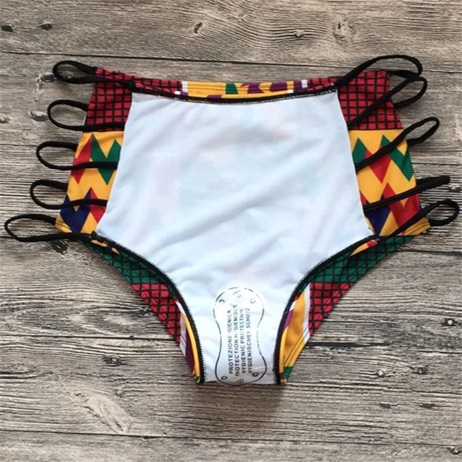 Women's high-waist digital print bikini set with backless design and quick-drying polyester fabric