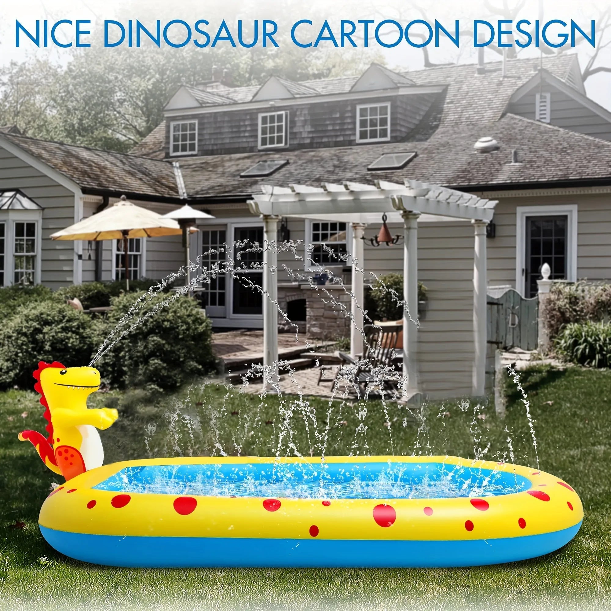 Blue dinosaur water spray pool play mat for kids measuring 170cm with water spray feature