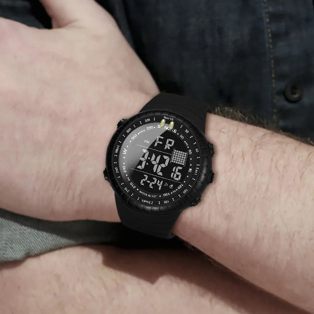 Black men's waterproof outdoor electronic watch with large dial and plastic case