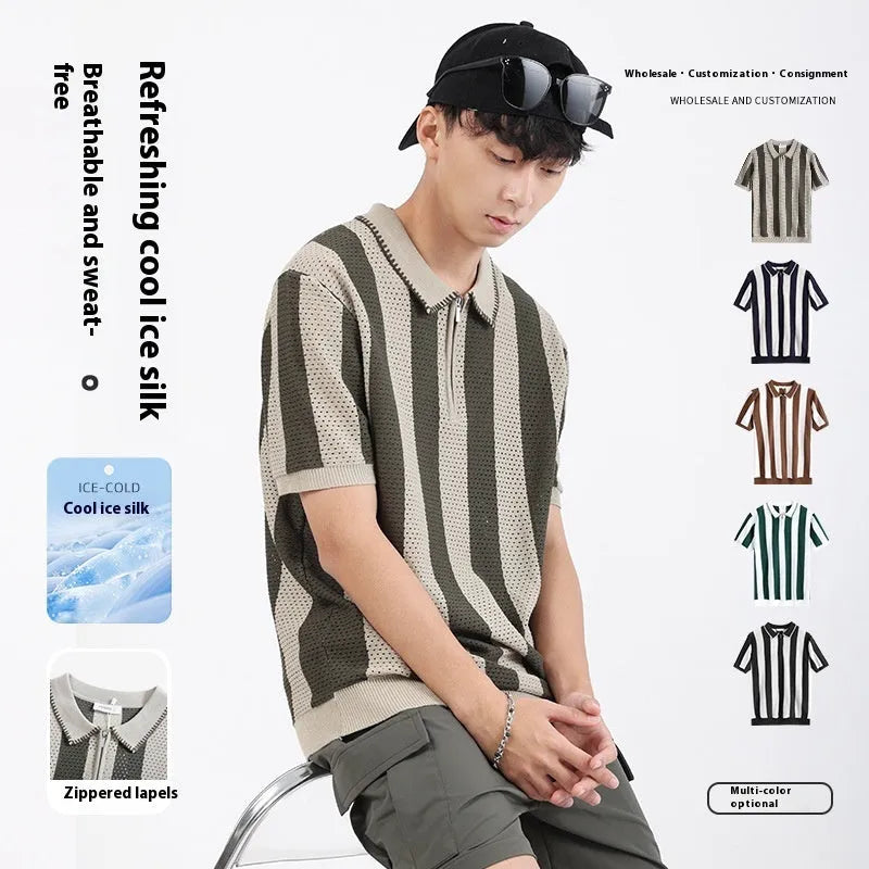 Men's short sleeve striped summer sweater in ice silk viscose fabric with zipper decoration