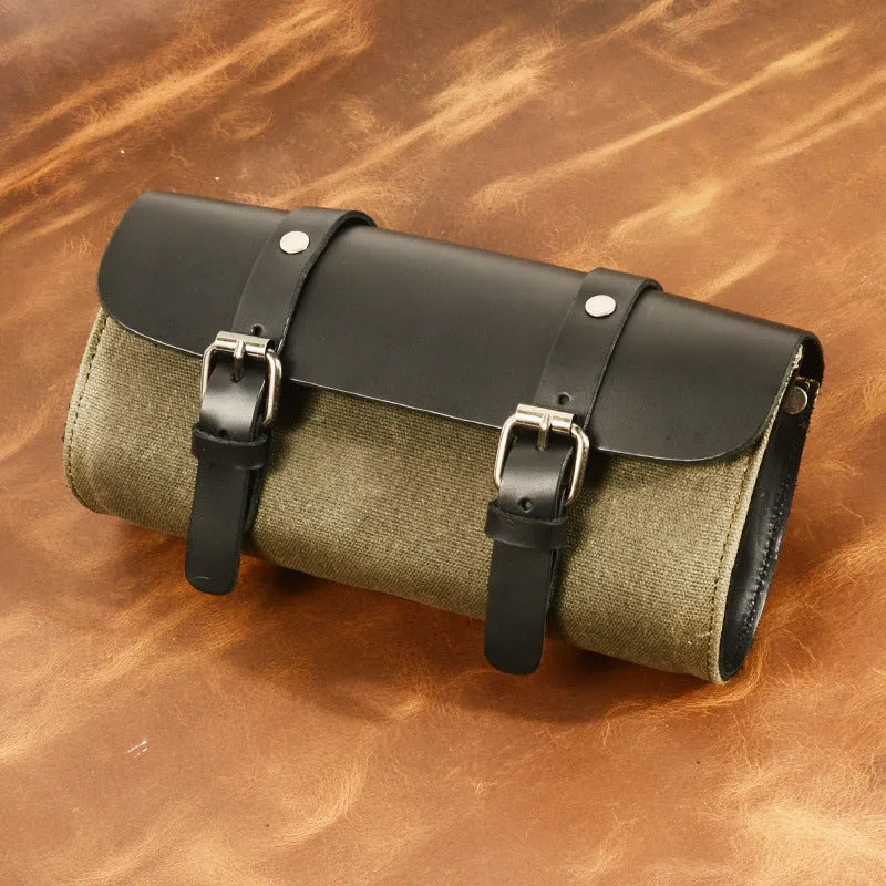 Camel Knight retro cotton messenger bag in army green showing size and internal pockets.