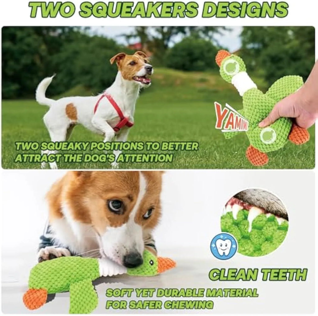 Blue, green, and grey duck-shaped durable dog plush toy with squeaker for chewing and play