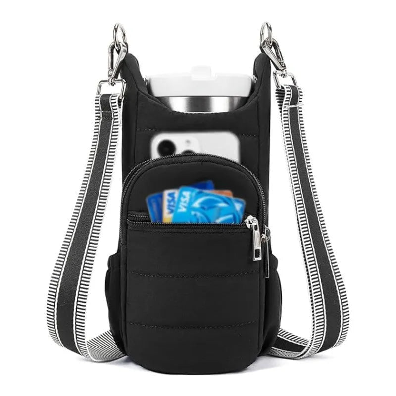 Cloth water bottle bag for bicycles in black, pink, and beige colour options