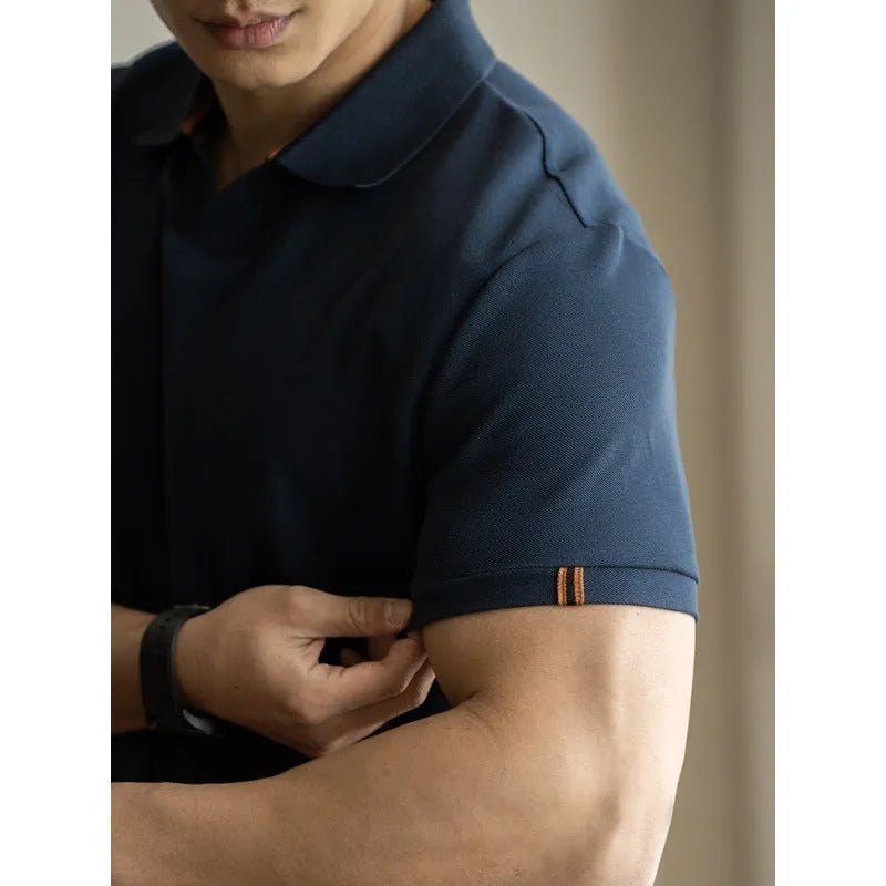 American-style short-sleeve polo shirt in blue, black, or white cotton-polyester blend.