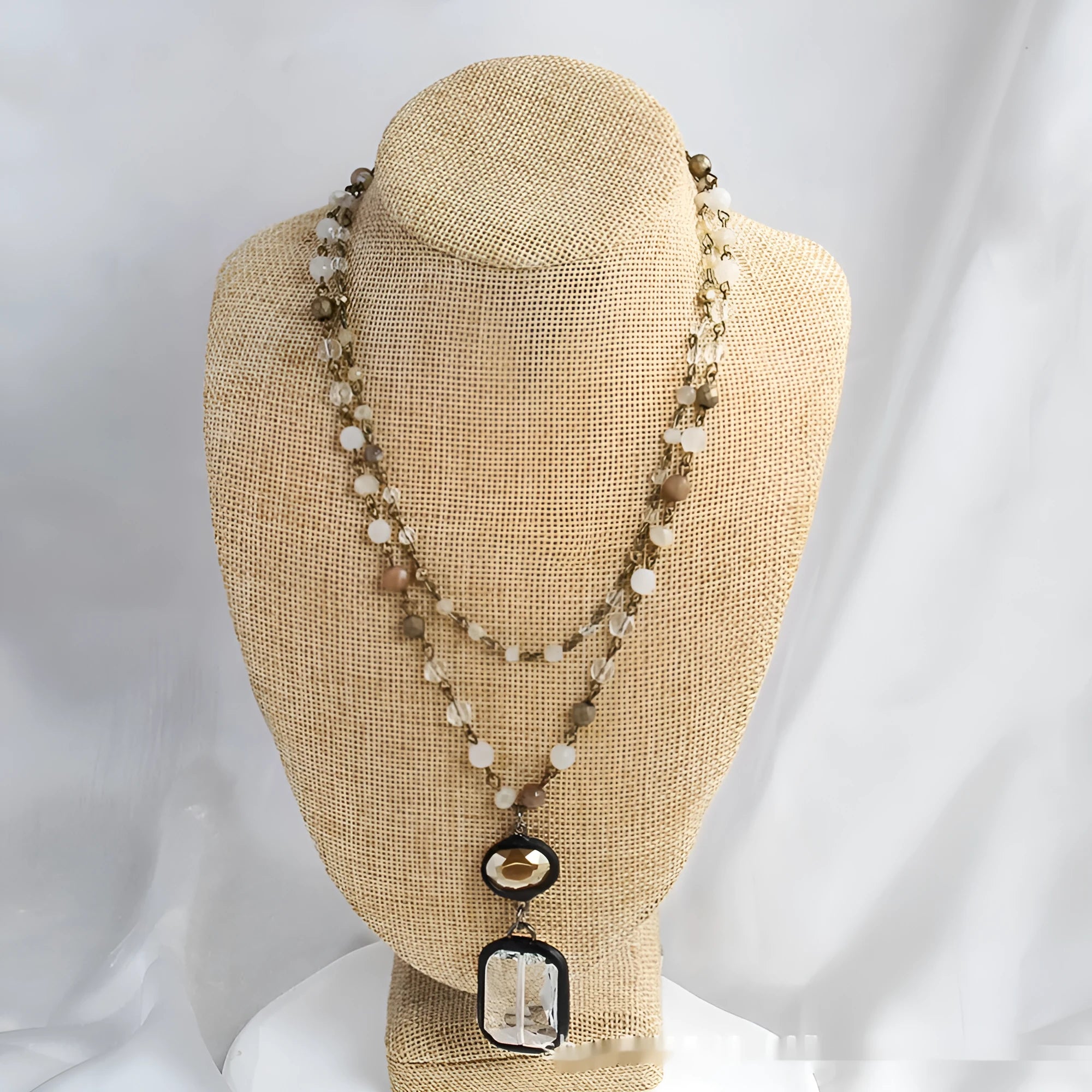 Two-layer tribal necklace with stone and glass pendants on adjustable chain
